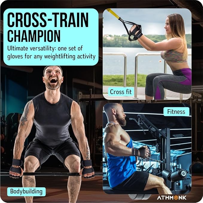 Athmonk Gym Gloves for Men & Women with Wrist Supporter Wrap Strap - Fingerless Half Hand Cut - Stylish Palm Grip